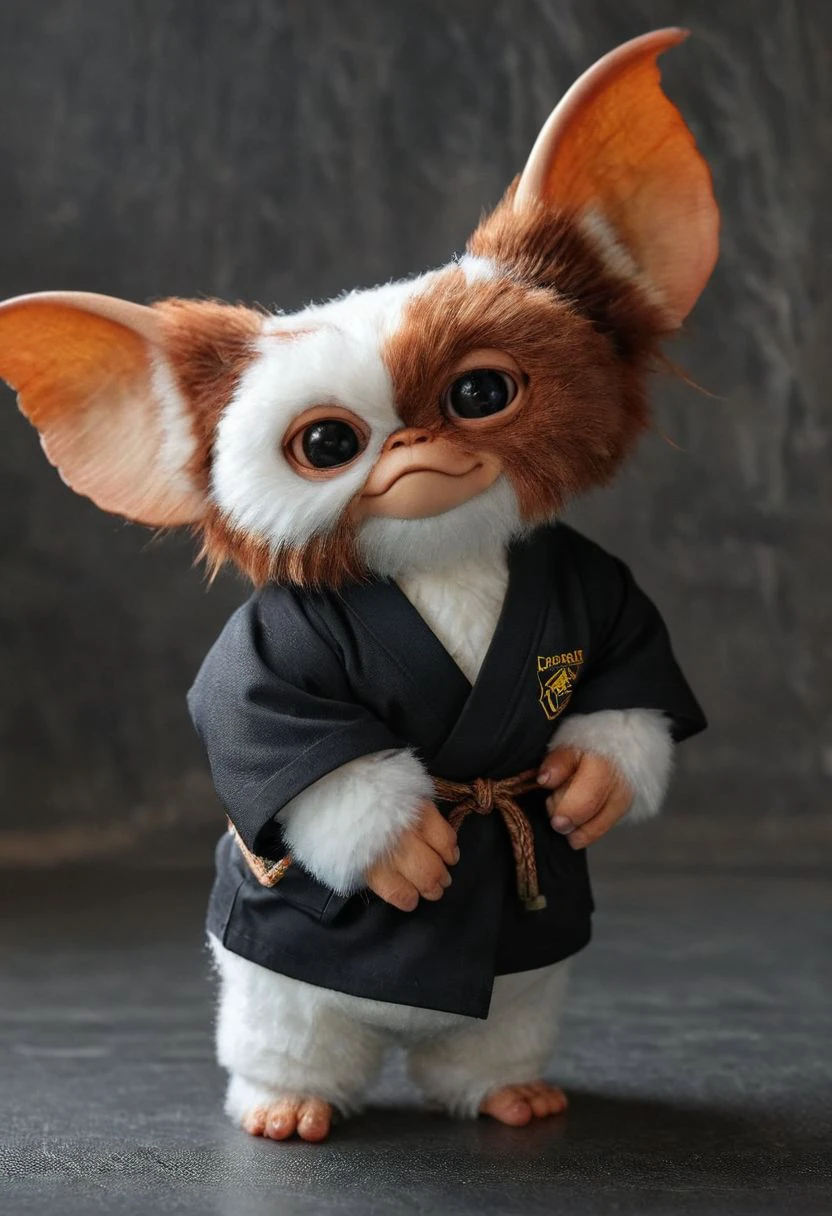 amazing quality, masterpiece, best quality, hyper detailed, ultra detailed, UHD, perfect anatomy, portrait, dof, hyper-realism, majestic, awesome, inspiring, - a fluffy cute #giz# gizmo with a karate fighting position, (a black kimono :1.5) prepared for combat on top of a tatami in the middle of a stadium full of people cheering him on,cinematic composition, soft shadows, national geographic style,