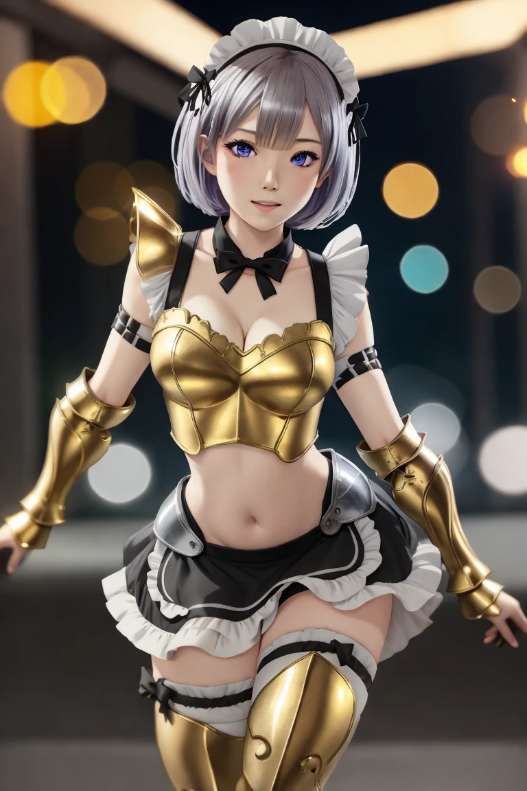 (((Ultra-HD-quality-details))) , 1girl, gold armor, maid-armor,  breasts, navel, hips, dynamic poses, dynamic angle, <lora:maid-armor:0.8>