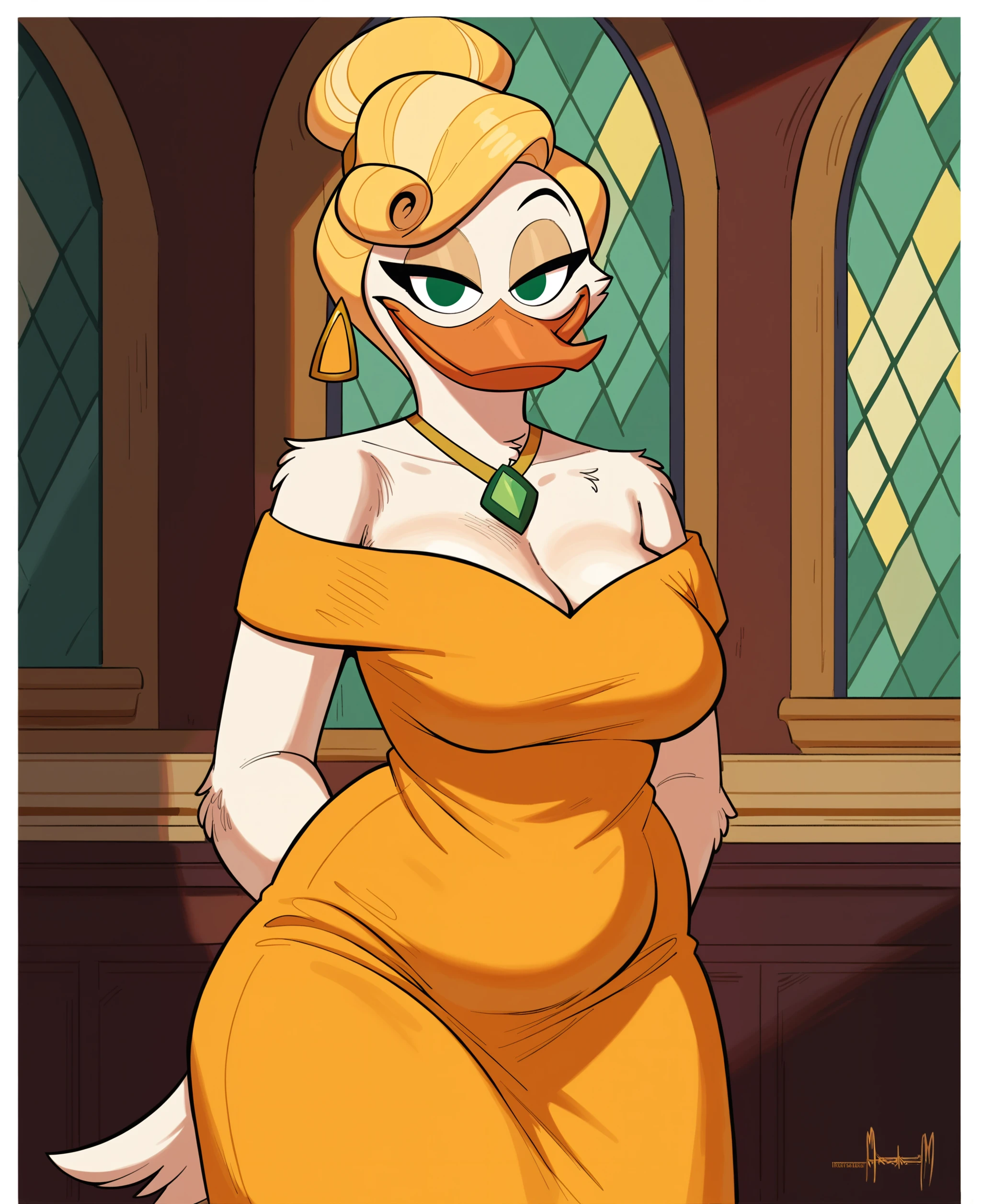 score_9, score_8_up, score_7_up, score_6_up, best quality, highres, source_furry, BREAK
meesh BREAK
1girl, solo, mature female, green eyes, looking at viewer, inside, mansion, window, narrowed eyes, smile,standing, looking at viewer, furry, goldie o'gilt, beak, white skin, thick thighs, blonde hair, breasts, hair bun, swoop bangs, orange dress, shoulderless, ear ring, long dress, emerald necklace,  <lora:Goldie_OGilt:1> <lora:Meesh_Style_PonyXL:0.7>