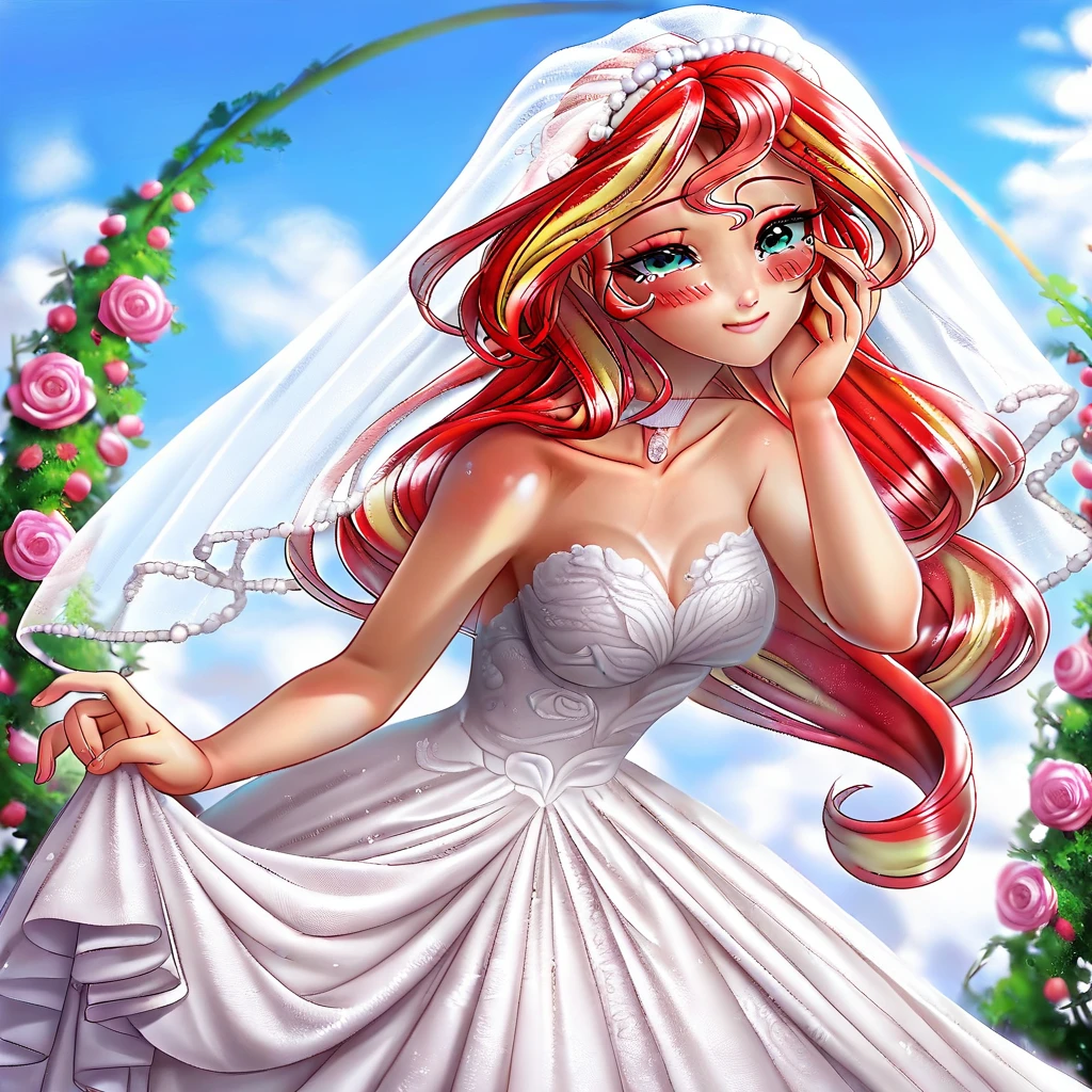 score_9, score_8_up, score_7_up BREAK sunset shimmer, human, equestria girls, g4, bare shoulders, beautiful, blushing, breasts, bride, choker, cleavage, clothes, cloud, cute, day, dress, eyelashes, eyeshadow, female, flower, leaves, light skin, long hair, looking at you, looking forward, makeup, outdoors, rose, shimmerbetes, sky, sleeveless, smiling, smiling at you, solo, standing, strapless, tears of joy, teary eyes, website, wedding, wedding dress, wedding veil racoonsan