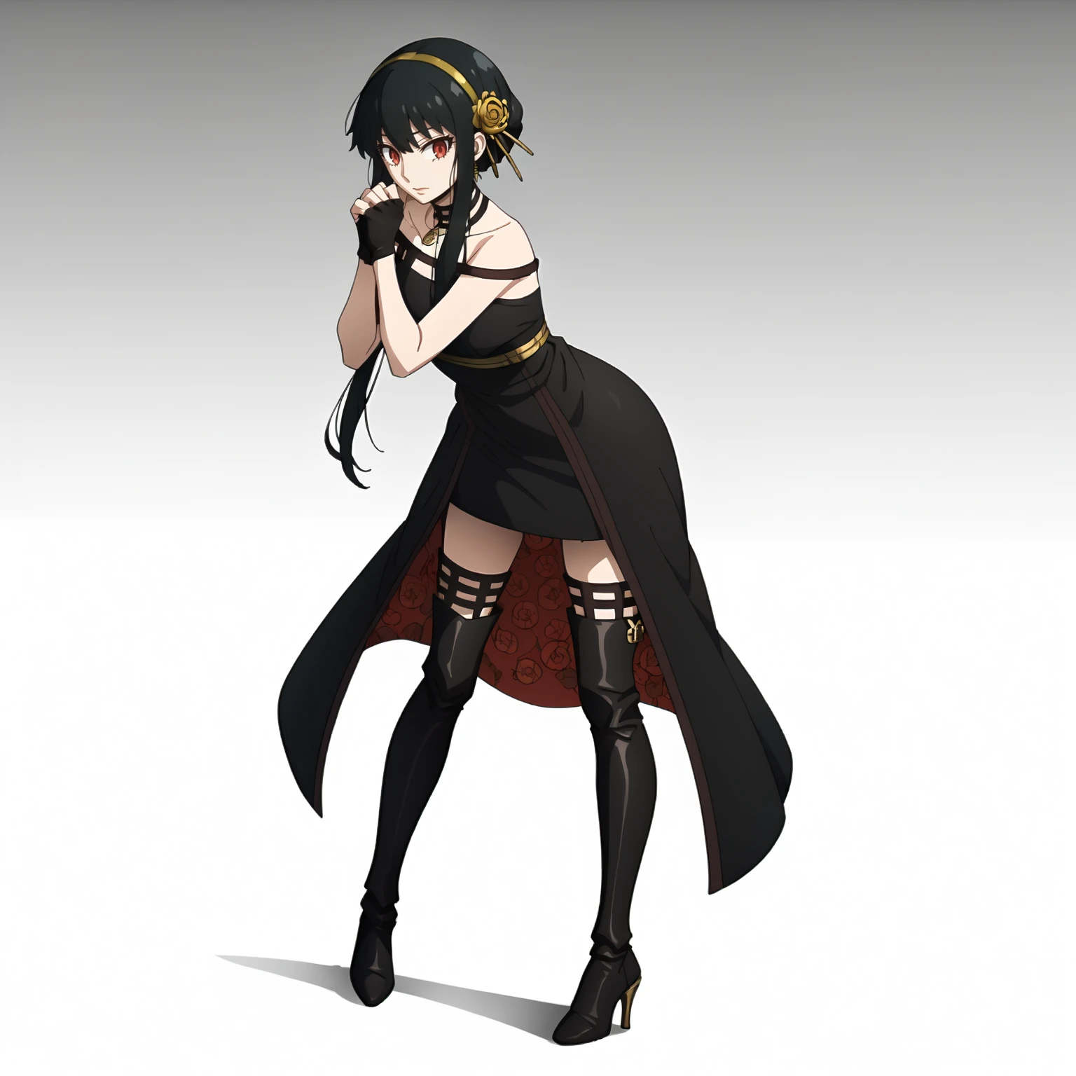 <lora:YorForgerXLpony004>,
solo,
YorForger,1girl,black hair,red eyes,short hair with long locks,
gold hairband,hair flower,
black choker,
black dress,sleeveless,off shoulder,
floral_print,
fingerless gloves,
black footwear,thigh high heel boots,
full body,standing,leaning_forward,