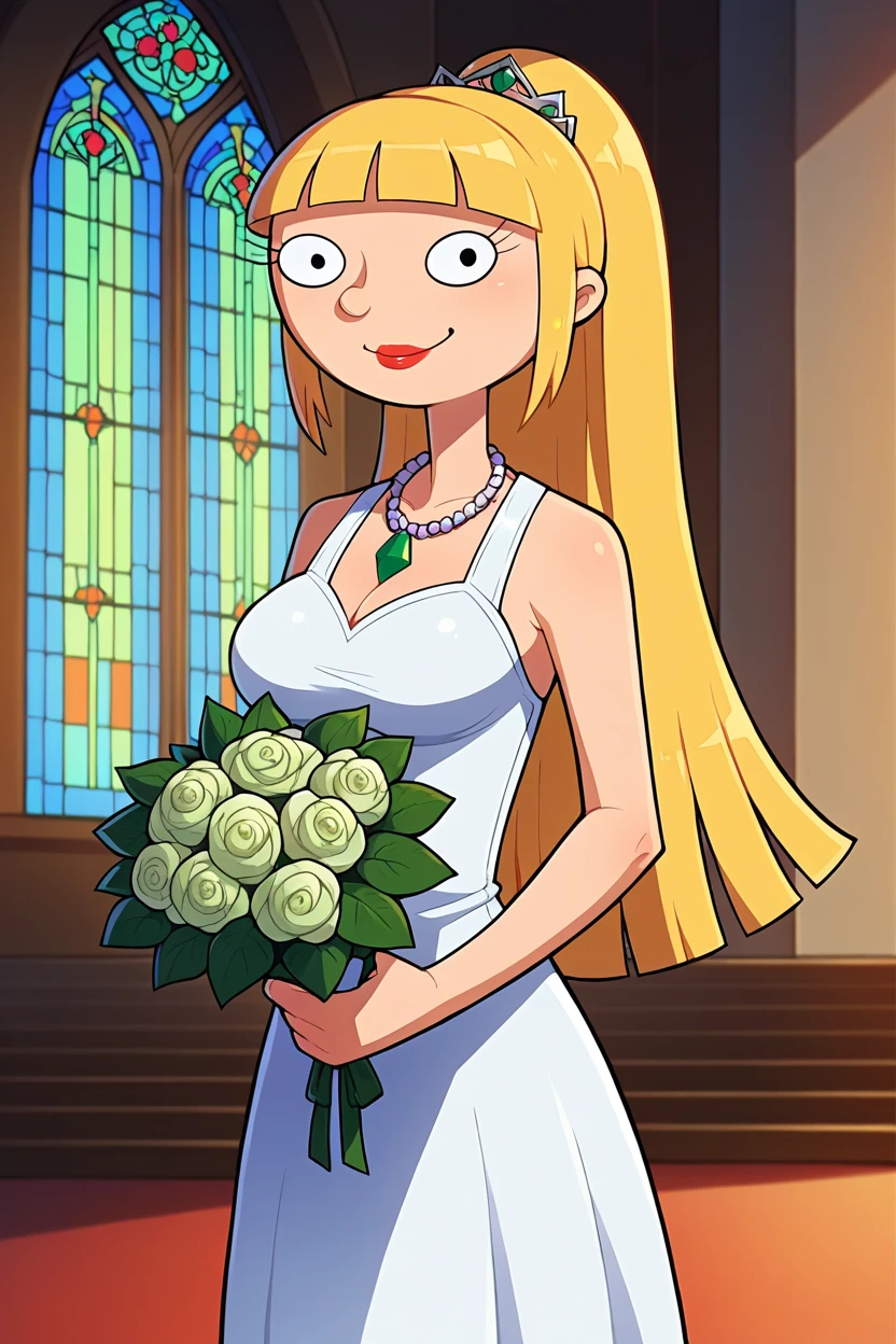 score_9, score_8_up, score_7_up, score_6_up, BREAK official style, olga pataki,1girl, solo,standing, blonde hair,long hair, ponytail,blunt bangs,red lips, black eyes, wedding dress, necklace,green gemstone, indoors, church, altar,crowd,looking at viewer,smile,medium breasts,holding bouquet, round nose <lora:OlgaPony:1>