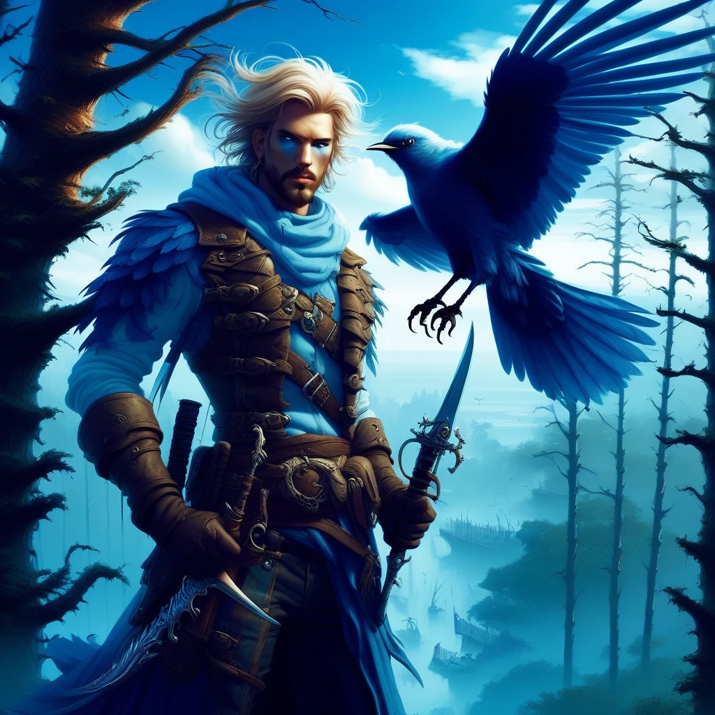 manly, forest, facial hair, boots, sky, weapon, blue eyes, blue skin, bird, dagger