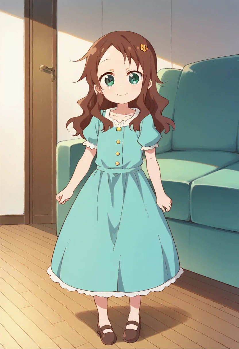 1girl, solo, child, rikos, long hair, brown hair, hair ornament, green eyes, flower, hair flower, dress, puffy dress, <lora:PonyXL Riko Saikawa:0.8>, score_9, score_8_up, score_7_up, score_6_up, score_5_up, score_4_up , anime coloring ,BREAK source_anime, anime,
looking at viewer, smile,
indoors, living room
