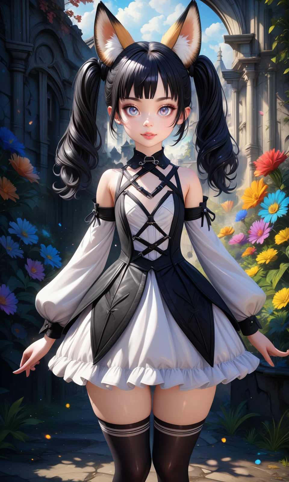 solo, elinxl, black hair, fox ears, twintails, 
black and white dress, detached sleeves, gothic style, thighhighs,
looking at viewer, straight-on, 
outdoors, 
detailed background, 
colorful, drop shadow, light particles, 
masterpiece, best quality, very aesthetic, absurdres, 
<lora:Elin_XL:1>