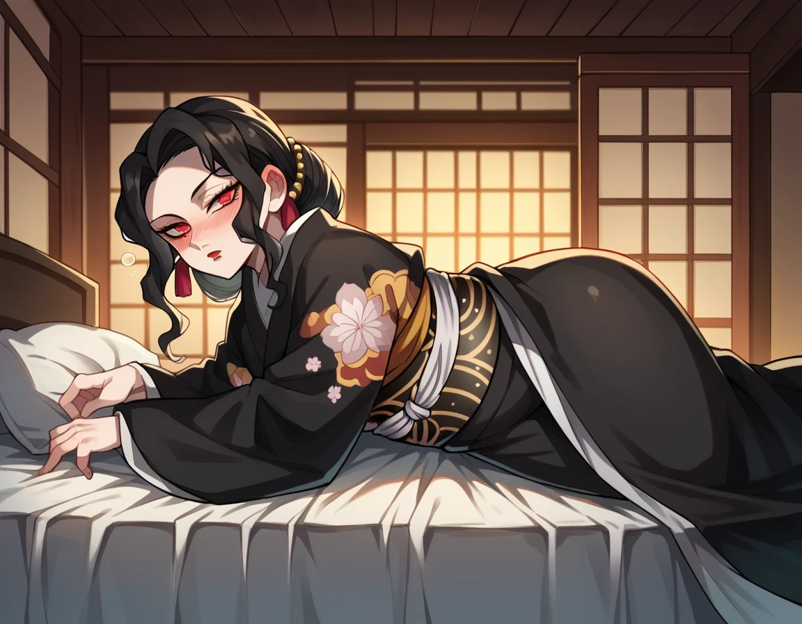 score_9, score_8_up, score_7_up, source_anime,
muzankibutsuji, <lora:muzan-kibutsuji-ponyxl-lora-nochekaiser:1>,
muzan kibutsuji, black hair, hair ornament, red eyes, red lips,
japanese clothes, wide sleeves, kimono, sash, obi, floral print, black kimono,
indoors, bed, bed room, on side, blush, drunk,
solo, dutch angle, looking at viewer, cowboy shot,