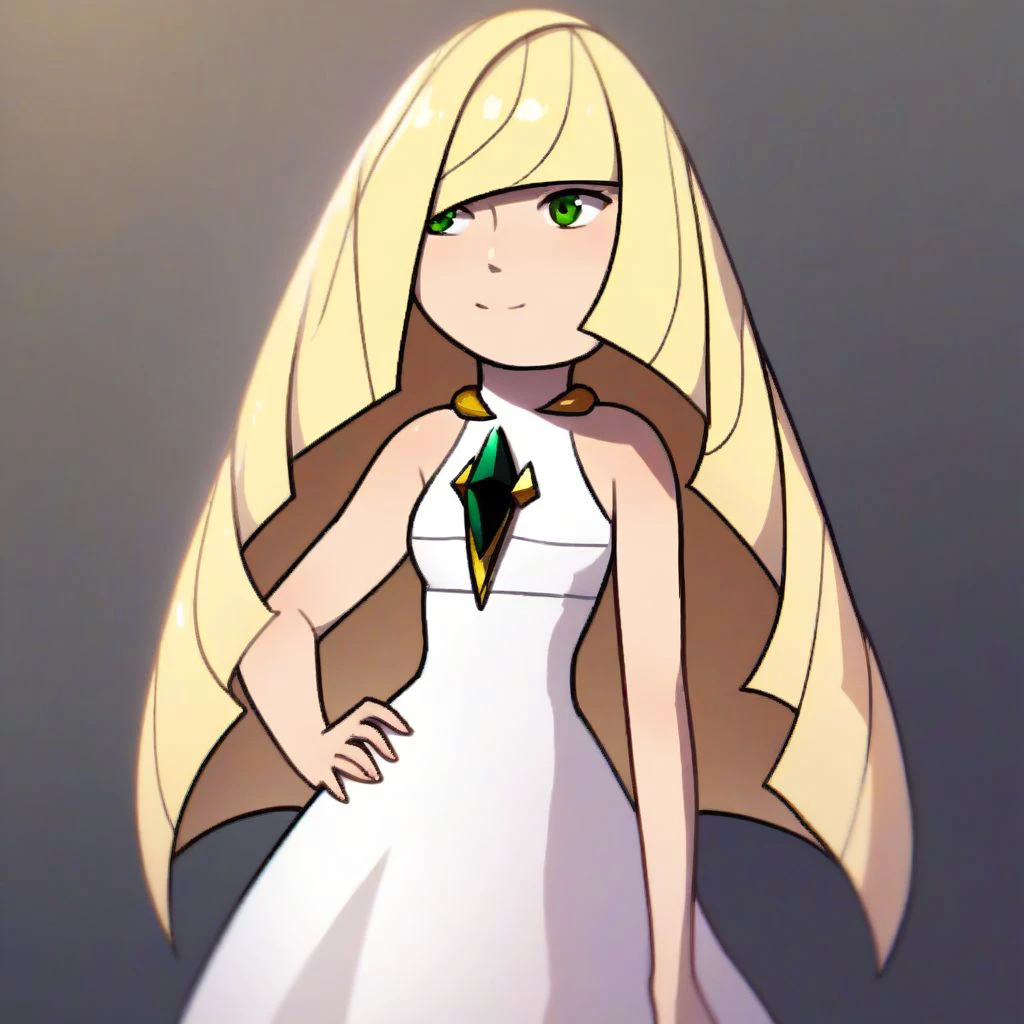 score_9,score_8_up,score_7_up,score_6_up,score_5_up,score_4_up, solo, 1girl, lusamine, dress, blonde hair, green eyes, long hair, sleeveless, sleeveless dress, white dress, gem, diamond, smile, hand on hip, breasts