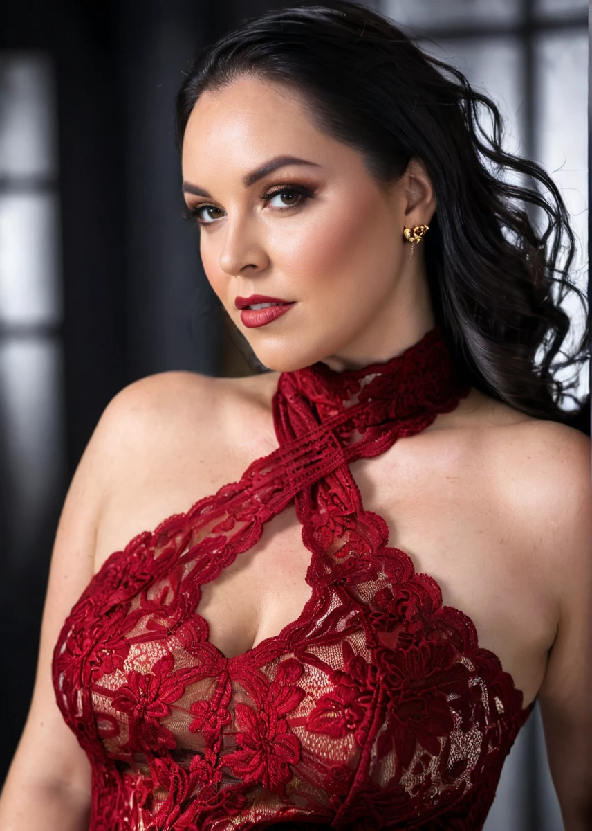 glamorous photo of a captivating masterpiece of an curvy woman in a (((criss-cross neckholder dress with turtleneck))) ,long earrings, necklace, half body, The intricate lace and gold details exude a very rebellious aura. ((The use of high-shine gloss adds a touch of glamour to the look)), ((while the deep red and black hues give it a dramatic vibe)), blurred background, studio ligthing, facing camera, shallow depth of field,   <lora:MS_AmandaThickk_V1_SDXL:0.8>, high fashion, luxurious, extravagant, stylish, sensual, opulent, elegance, stunning beauty, professional, high contrast, detailed,