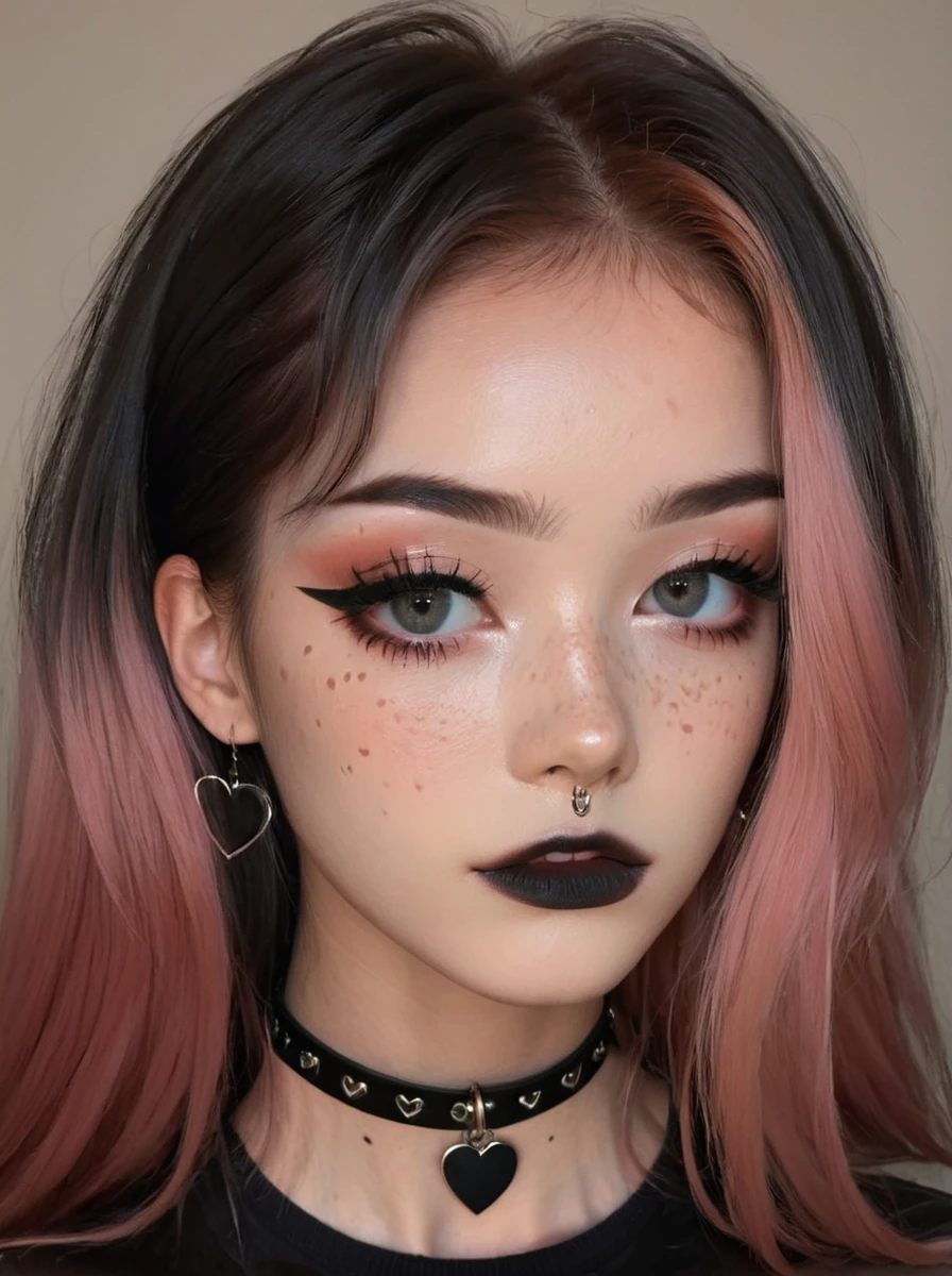 woman with long dyed hair, seductively looking upside at camera, makeup, (freckles:0.7), eyeliner, black t-shirt, and (heart shaped:0.3) chocker, best aesthetic, soft light <lora:alt_fashion_v2:1>