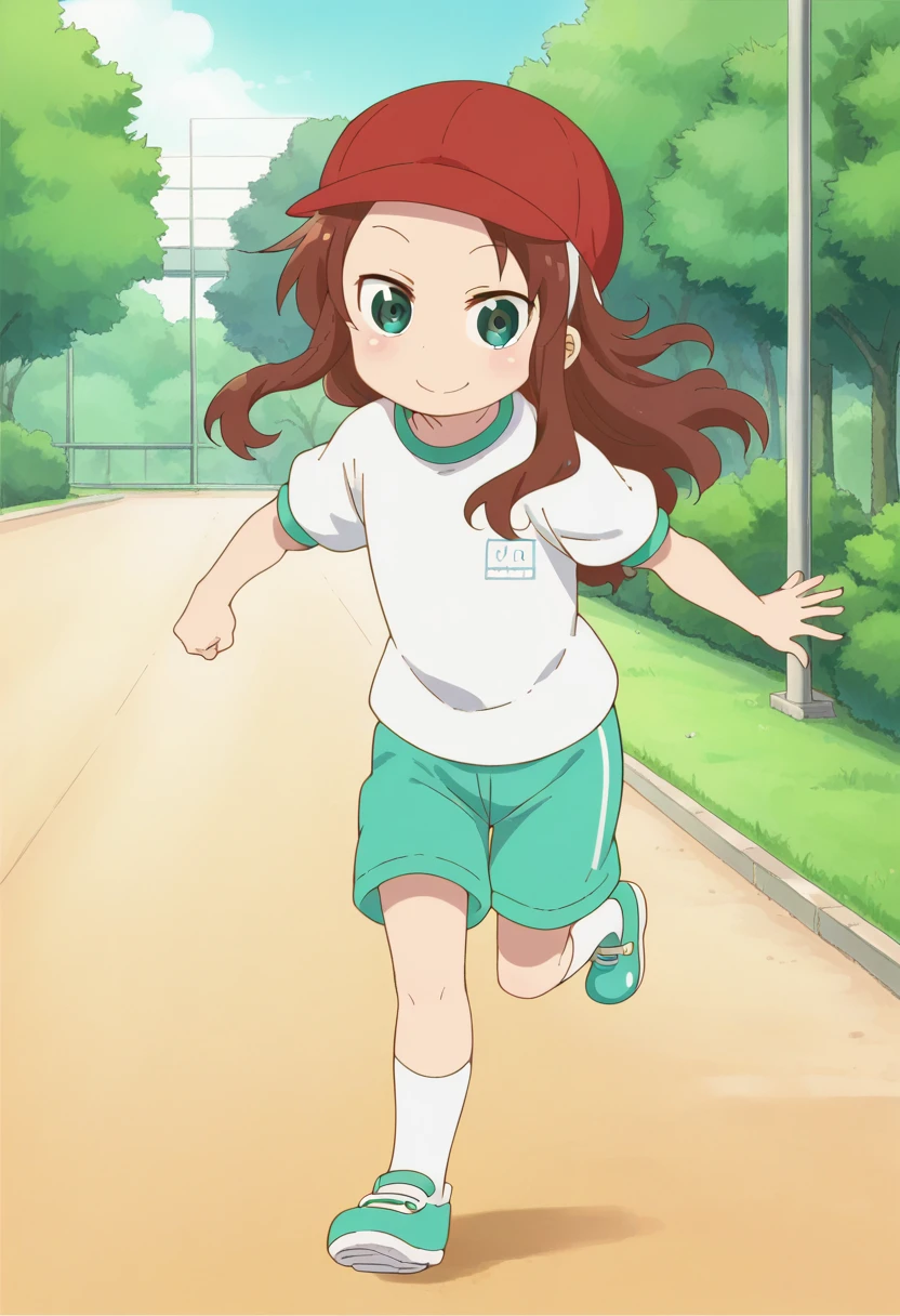 1girl, solo, rikos, saigym, long hair, brown hair, green eyes, gym shirt, baseball cap, red headwear, green shorts, white socks, green shoes, <lora:PonyXL Riko Saikawa:1>, score_9, score_8_up, score_7_up, score_6_up, score_5_up, score_4_up , anime coloring ,BREAK source_anime, anime,
looking at viewer, smile,
outdoors, park, running,