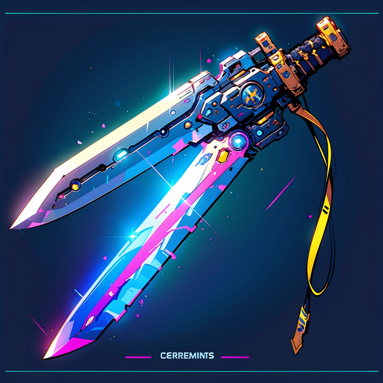 HEZI,game equipment items,ICONS,Cyberstyle,Weapons,no humans,weapon,sword,black background,glowing,science fiction,artist name,robot,simple background,glowing weapon,glowing sword,still life,cable,solo,sparkle,light particles,floating,mecha,gradient,from side,blue background,lens flare,gradient background,glint,english text,<lora:èµå游æéå
·-000016:0.7>,