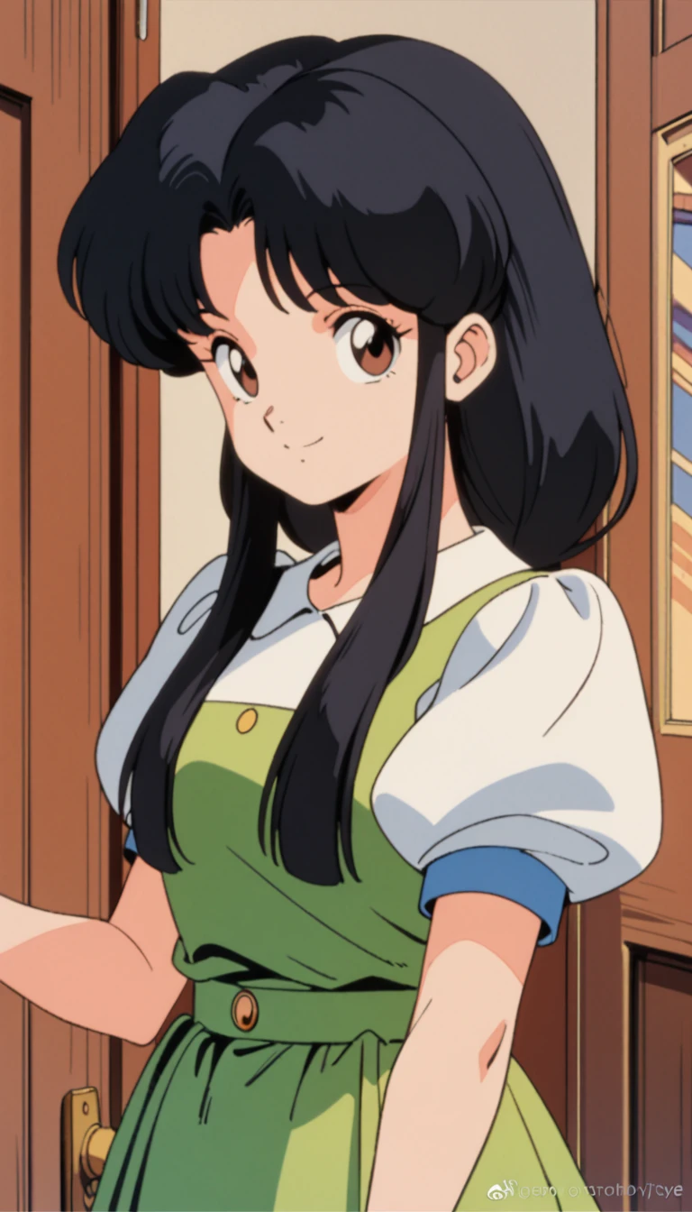 1girl, solo, smile, long hair, black hair, retro artstyle, brown eyes, puffy sleeves, door, looking at viewer, sidelocks, upper body, short sleeves, indoors, puffy short sleeves, shirt, bangs, parted bangs <lora:tendo akane_xl_v1:0.7>