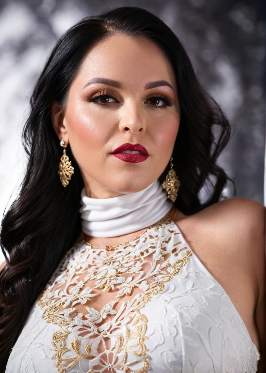 glamorous photo of a captivating masterpiece of an curvy woman in a ((((white neckholder dress with turtleneck)))) ,long earrings, necklace, half body, The intricate lace and gold details exude a very rebellious aura. ((The use of high-shine gloss adds a touch of glamour to the look)), ((while the deep red and black hues give it a dramatic vibe)), blurred background, studio ligthing, facing camera, shallow depth of field, <lora:MS_AmandaThickk_V1_SDXL:0.8>, high fashion, luxurious, extravagant, stylish, sensual, opulent, elegance, stunning beauty, professional, high contrast, detailed,