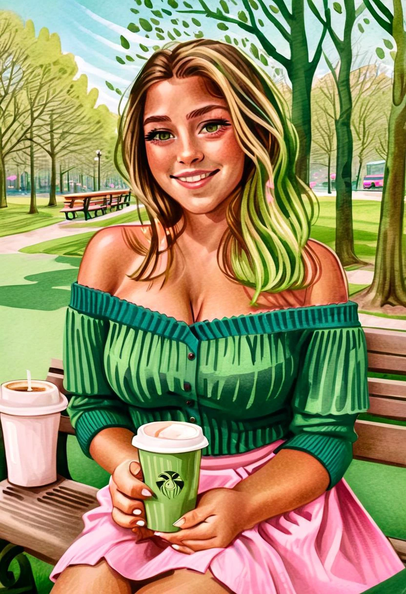 Flora,dark skin, long brown hair, blonde hair strips, green eyes, Casual Outfit, green off-shoulder shirt, pink skirt, looking at viewer, smiling, sitting, on bench, holding coffee cup, outside, park, trees, winter, blue sky, high quality,masterpiece, DreamlikeIllustration