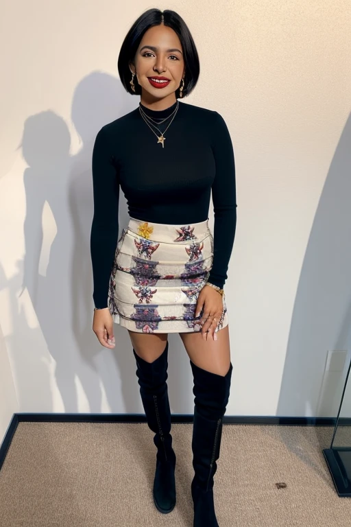 masterpiece, best quality, <lora:aguilar-09:0.7> aguilar, a woman in a skirt and boots posing for a picture, looking at viewer, smile, earrings,