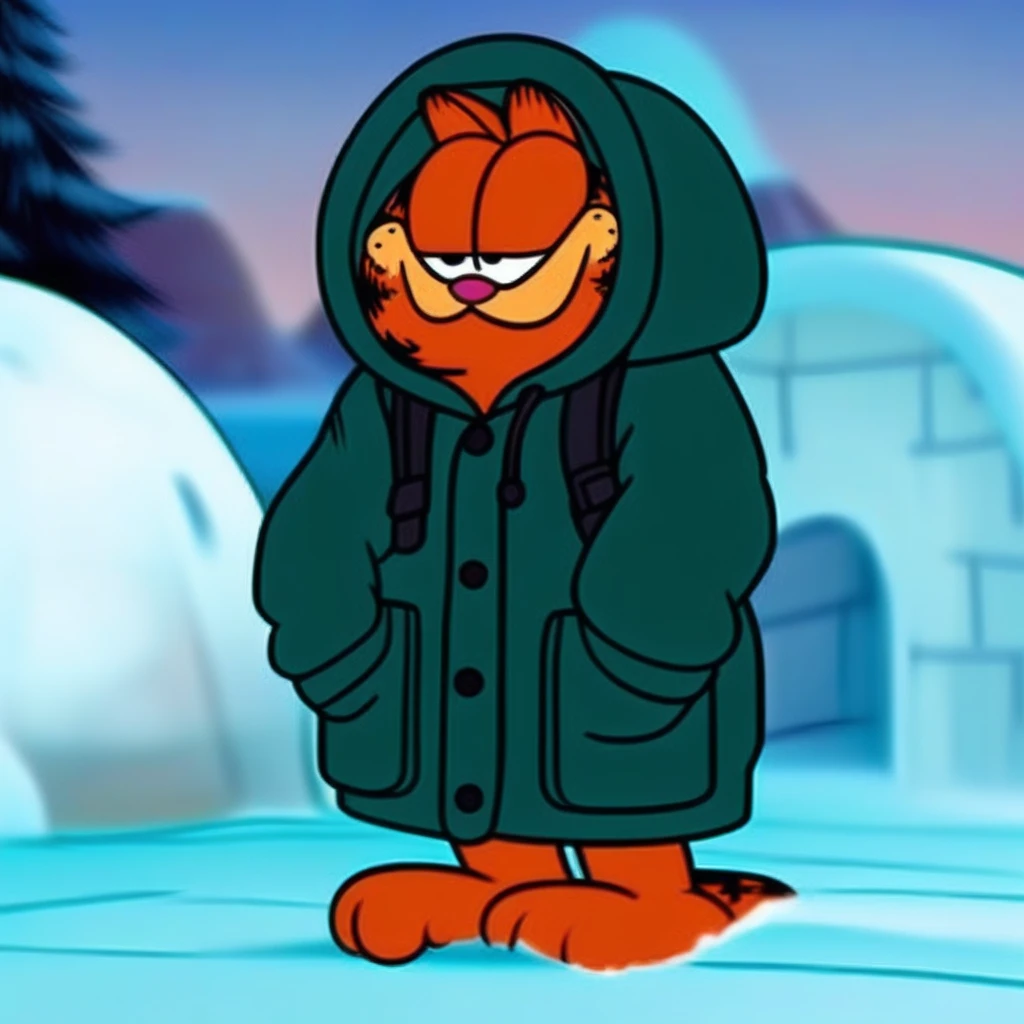Garfield is wearing a thick parka while standing outside an igloo