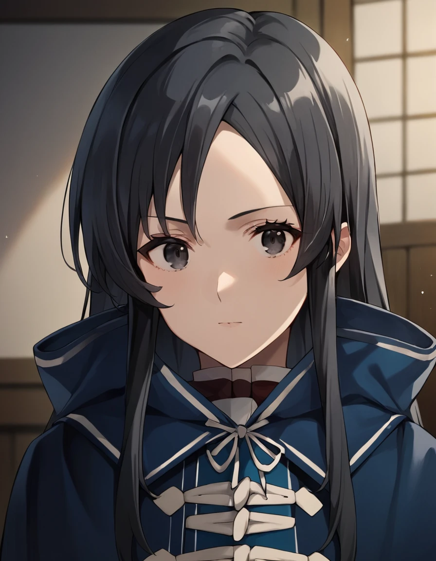 score_9, score_8_up, score_7_up, source_anime,
source_anime,
1girl, looking at viewer, portrait,
indoors,
<lora:nanahoshi_shizuka_anime_s2_v2-soralz:1>,nanahoshi shizuka, long hair, black hair, bangs, sidelocks, black eyes,
school uniform, blue cloak,