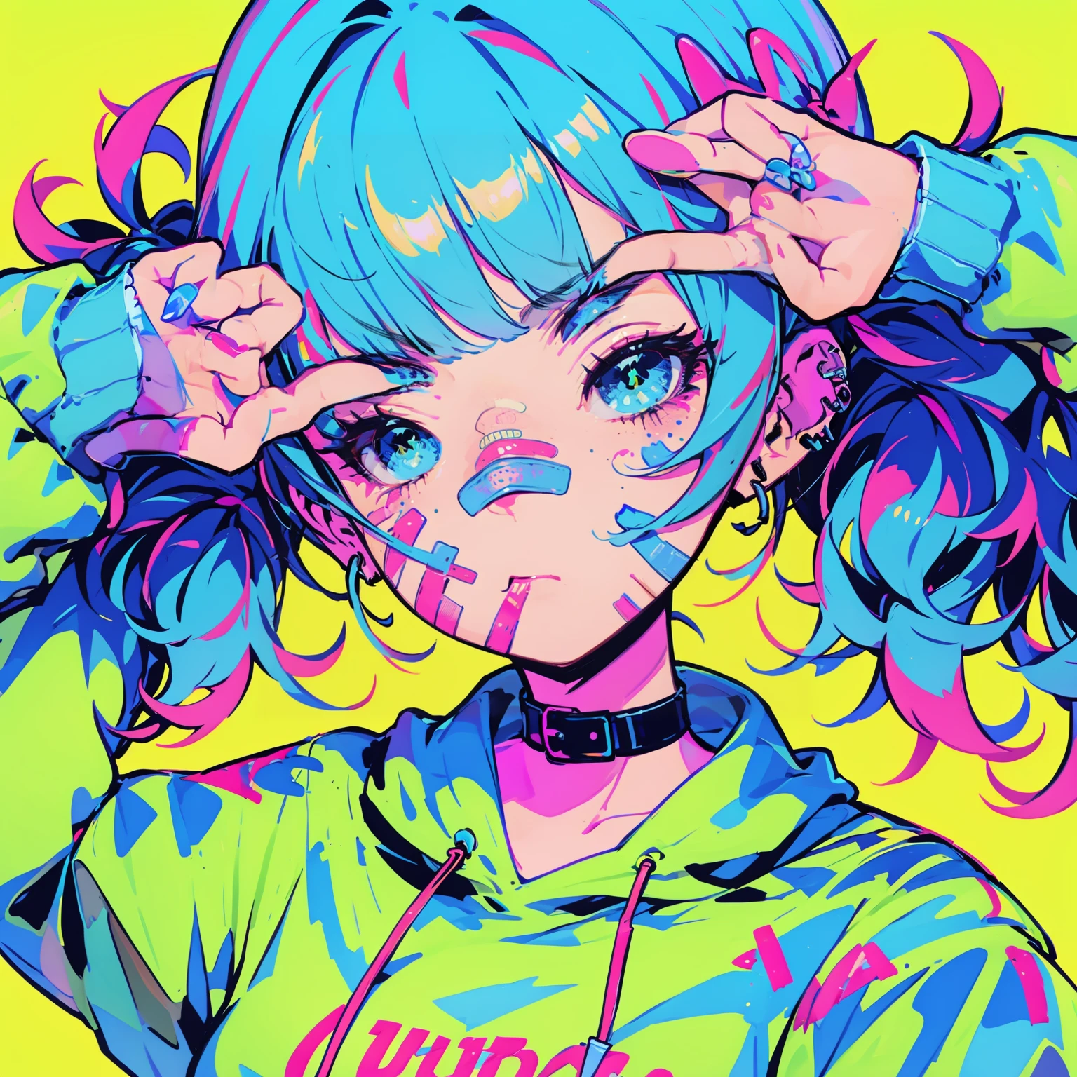 colorful, HEZI, Burst girl, gorgeous, detailed, 1girl, solo, bandaid on face, bandaid, yellow background, v, ear piercing, twintails, piercing, looking at viewer, double v, bandaid on nose, collar, short twintails, nail polish, blue eyes, upper body, bangs, long sleeves, closed mouth, jacket, pink hair, short hair, blue hair, hoodie, choker, earrings, simple background, hood, blue nails, bow, multicolored hair, jewelry, green eyes, hair bow, pink bow, :<, polka dot, portrait, v over eye, green jacket, drawstring, black collar, polka dot bow, paint splatter on face, hands up<lora:ç¸è£æå¥³å©-000009:0.75>,