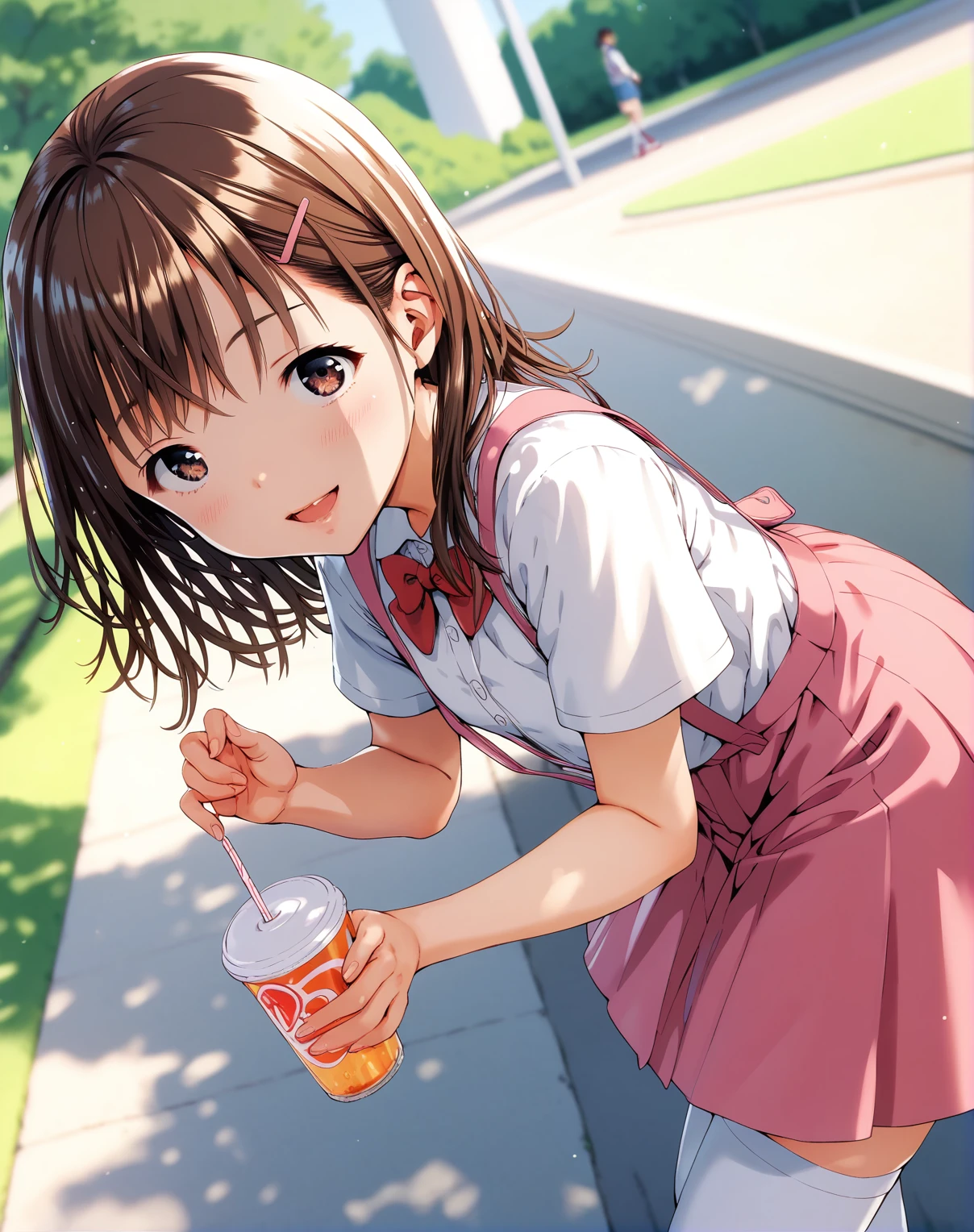 score_9, score_8_up, score_7_up,score_6_up, 1girl in the park, dutch angle, smile, blush, open mouth, white shirt, pink skirt, bowtie, thighhighs, suspenders, bow from side, drink, looking at viewer, frappuccino, brown hair,
urnsty <lora:uran_style_pony6_v1-000036:.9>