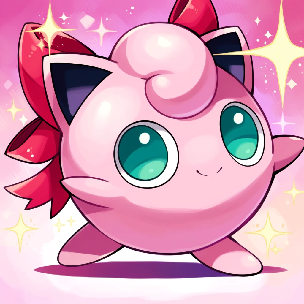 score_9_up, score_8_up, score_7_up, best quality, masterpiece, source_anime, detailed background, pink background, sparkles, BREAK 1girl, solo, jigglypuff_(\pokemon\), pokemon_(creature), pink body, circle body, big ears, pink hair, big eyes, green eyes, smile, red bow, dancing, looking at viewer, <lora:PDXL_Jigglypuff_PKMN:1>