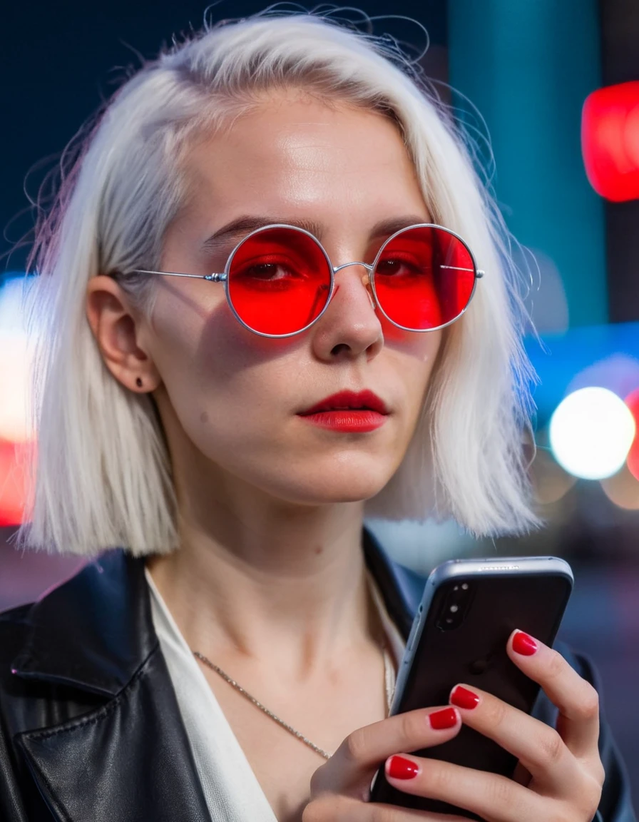 Cyberpunk-inspired portrait of a young woman with (reflective red lenses:1.3) and (silver-white hair:1.2), engrossed in her smartphone, amidst a (neon-lit urban landscape:1.1), moody blue tones, soft-focus background with bokeh lights, Nikon Z6, 1/80s, f/1.8, ISO 400, striking contrast, futuristic aesthetic, detailed skin texture, reflective mood, capturing the intersection of technology and personal space in a digital age.