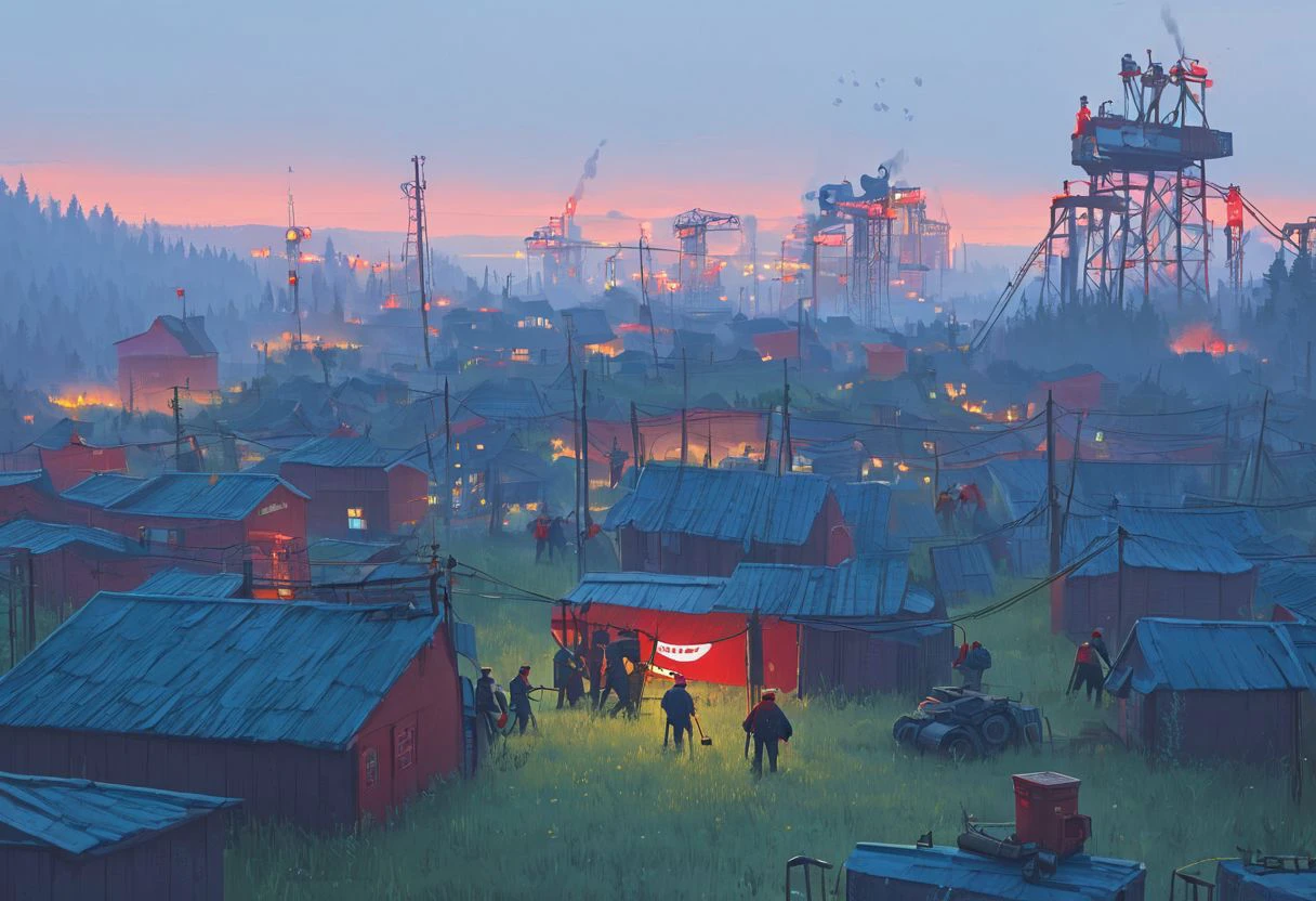 Workers struggle against the bourgeoisie, workers revolution, red flags, Greg Rutkowski, Simon Stalenhag, Wasim Kashin digital art, trending on artstation, cinematic DreamlikeIllustration