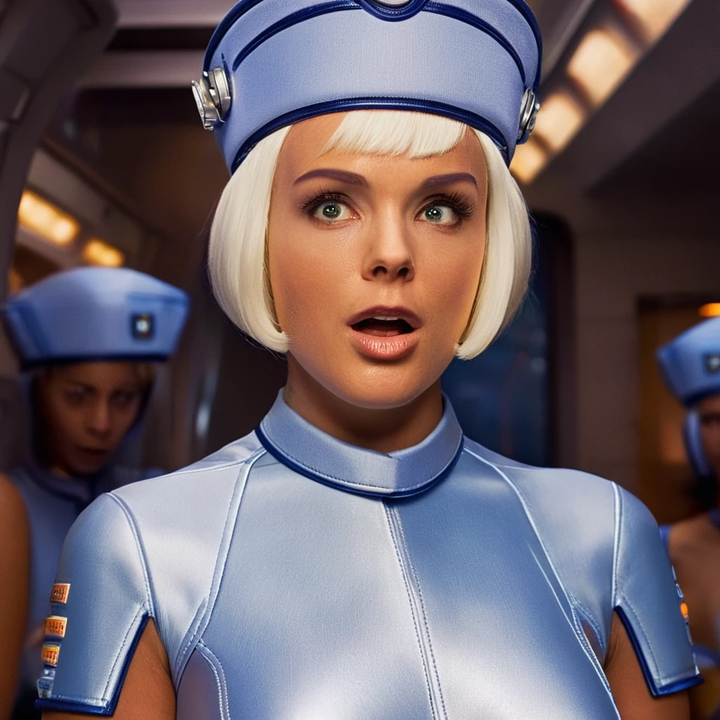 cinematic film still of <lora:detailed:1> perfect hands
<lora:perfection style:1>
<lora:Air Hostess Flight attendant:1>
In futuristic 2263 Air Hostess Flight attendant a surprised bronze skin woman in a blue costume with a hat on,1girl,solo,short hair,blonde hair,hat,upper body,white hair,short sleeves,outdoors,grey eyes,clothing cutout,blue headwear,realistic , 23rd century, realistic, cinematic, film, movie, sci fi, science fiction, action film, The Fifth Element style, Le Cinquieme Element style, surprised eyes, shallow depth of field, vignette, highly detailed, high budget, bokeh, cinemascope, moody, epic, gorgeous, film grain, grainy