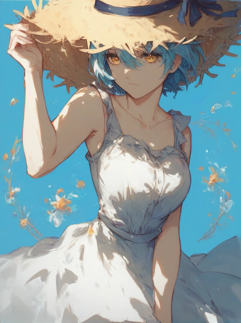 (score_9, score_8_up:1.1), score_7_up, masterpiece, <lora:Angela_Project_Moon:1>, AngelaPM, LOR, 1girl, solo, short hair, simple background, hat, dress, hair between eyes, closed mouth, blue hair, collarbone, yellow eyes, sleeveless, white dress, orange eyes, sleeveless dress, blue background, straw hat, sundress