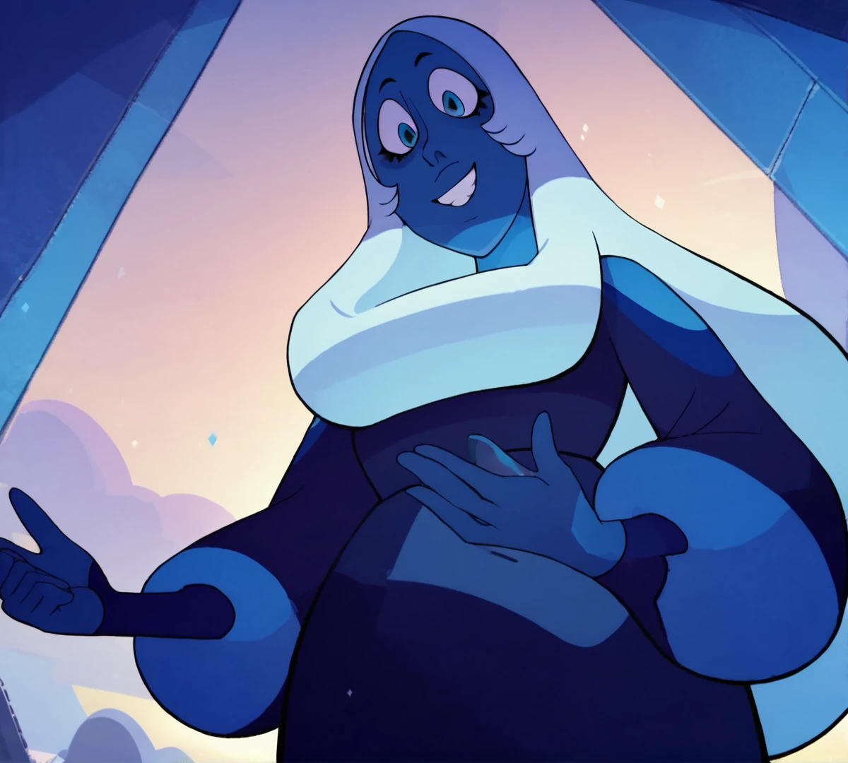 blue diamond, zPDXL, best quality, amazing quality, score 9, 1girl, standing, smile, looking down, looking at viewer, low angle, <lora:BlueDiamond:1>