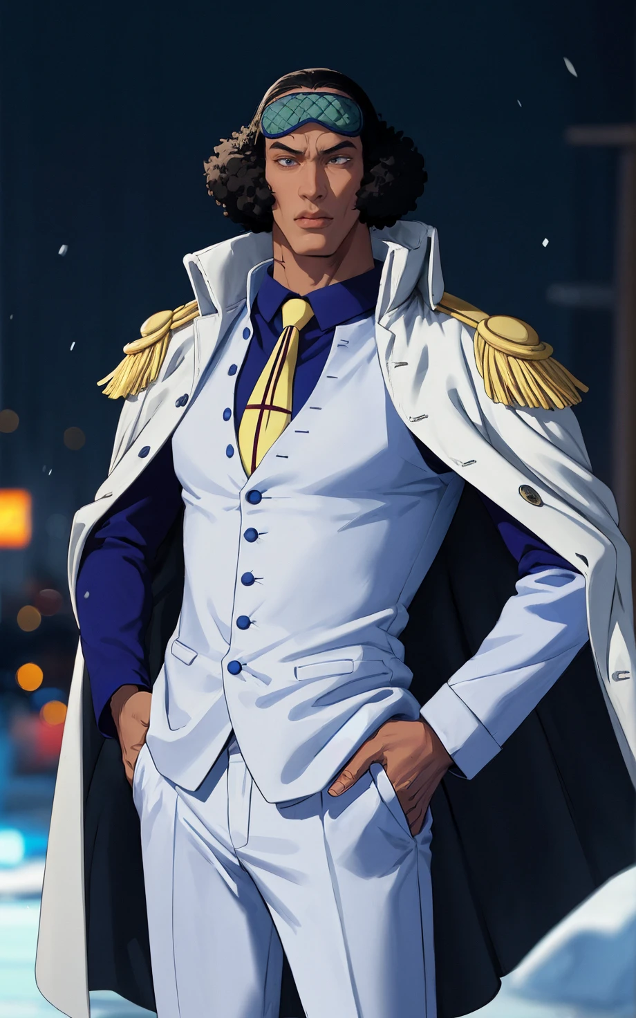 ((masterpiece, best quality)), insaneres, absurdres, solo, vanishing point,
MarineCoat_KuzanAokiji_ownwaifu,
1boy, black hair, dark skin, dark-skinned male, black eyes, afro, curly hair, scar, short hair, sideburns,
white suit, male focus, sleep mask, mask on head, yellow necktie, epaulettes, formal, suit, white pants, cape, necktie, vest, buttons, coat, pants, long sleeves, blue shirt, military uniform, white jacket,
ice, cryokinesis,
(contrapposto, hand on hip)<lora:Marine_Admiral_KuzanAokiji_ownwaifu:0.85>,
outdoors, lens flare, depth of field, bokeh, embers, looking at viewer,