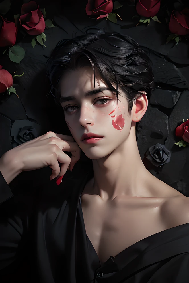 ((eyes focus on viewers)),((badboy)),((ulzzang)),((handsome)),((1man)),((sensuality eyes)),((male)),((black tied hairstyle)),((center)),((8k resolution)),((perfect hands)),((model)),((pose)),((sony A7 Mark 3)),((lens 50mm)),((black background)),((models)),((shirtless)),((closeup)),((extreme closeup)),((perfectly rendered)),((perfect eyes)),((Masterpiece)),((best picture quality)),((high quality)),(stylish bangs),((focus)),((arrogant face)),((red lights)),((sigma male expression)),((beautiful skin)), (ultra realistic),((detailed face)),((perfect body shape)),((hand holding flowers))