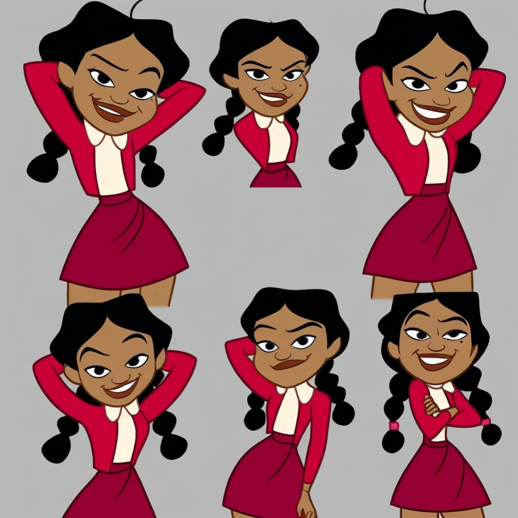1girl, red skirt, black hair, black eyes, mole under eye. twin braids, dark skin, hands behind head, smirk