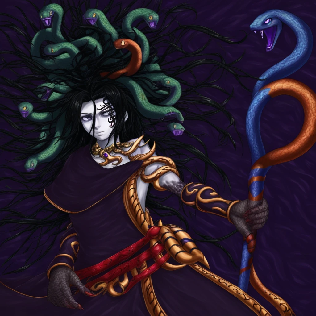 medusa, nintendo, messy hair, black hair, snakes in hair, pale skin, lavender eyes, face tattoo, dress, purple dress, gold necklace, red belts, grey hands, wrist cuff, staff,