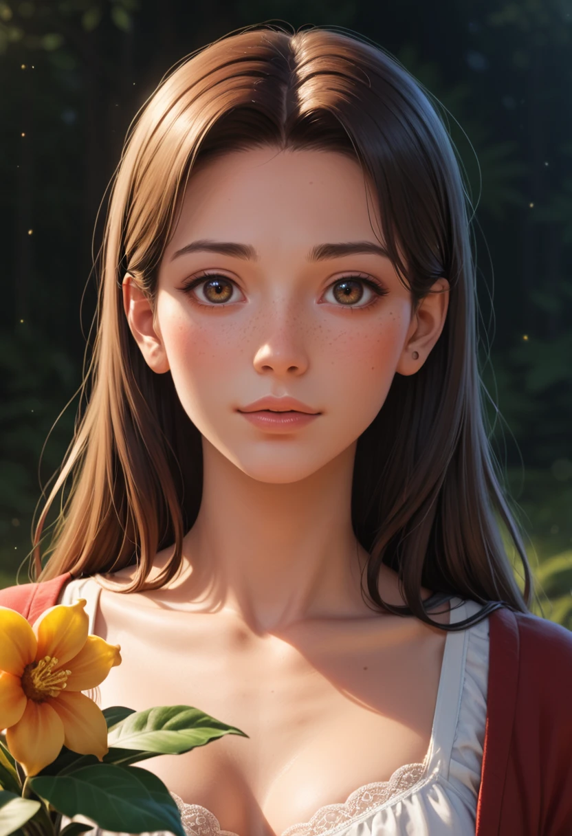 score_9, score_8_up, score_7_up, score_6_up, score_5_up, score_4_up,  Ghibli-inspired close-up: A woman with warm, inviting eyes and a smattering of freckles across her nose smiles mischievously, a single, delicate flower tucked behind her ear. Utilize soft lighting and detailed brushstrokes to capture her gentle beauty.