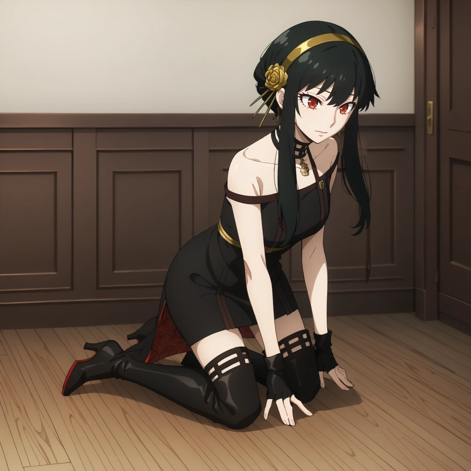 <lora:YorForgerXLpony004>,
solo,
YorForger,1girl,black hair,red eyes,short hair with long locks,
gold hairband,hair flower,
black choker,
black dress,sleeveless,off shoulder,
floral_print,
fingerless gloves,
black footwear,thigh high heel boots,
full body,kneeling,leaning_forward,