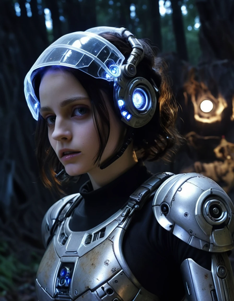 unfiltered photograph from the side by steven spielberg recording a tender, adult, and swedish woman; wearing a rugged modern robot combat suit with intricate engravings; featuring a dark middle part hairstyle with an upturned nose. shown playing with lights within an abandoned [spiderweb forest|pirate ship|canyon] with cold lighting. <lora:RufXL2:1>
