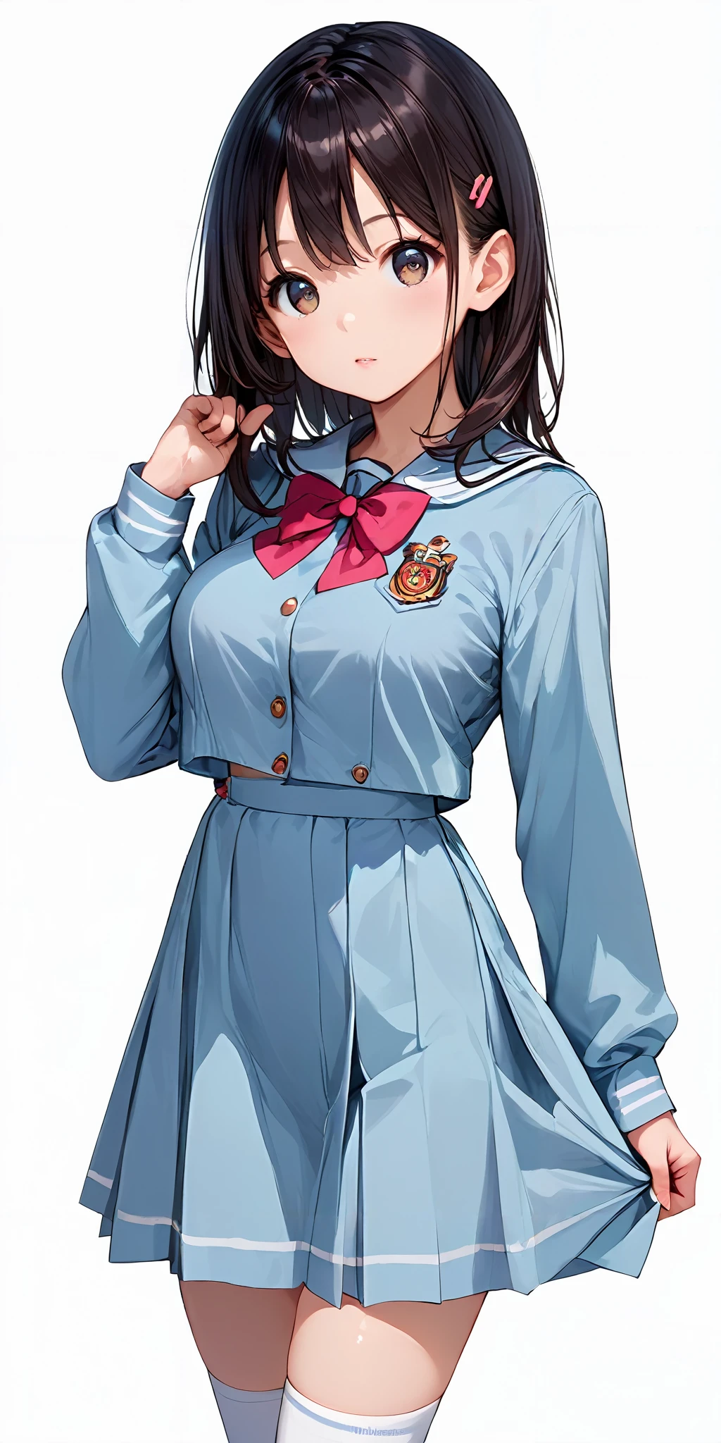 score_9, score_8_up, score_7_up,source_anime, high res image,masterpiece,best quality,girl,cowboy shot,cute face,simple background, <lora:lkp_Pony_V1.0:1> lkp, breasts <lora:jyoji formal_Pony_V1.0:0.5> jyojifuku, long sleeves, dress, kneehighs, school uniform, jacket