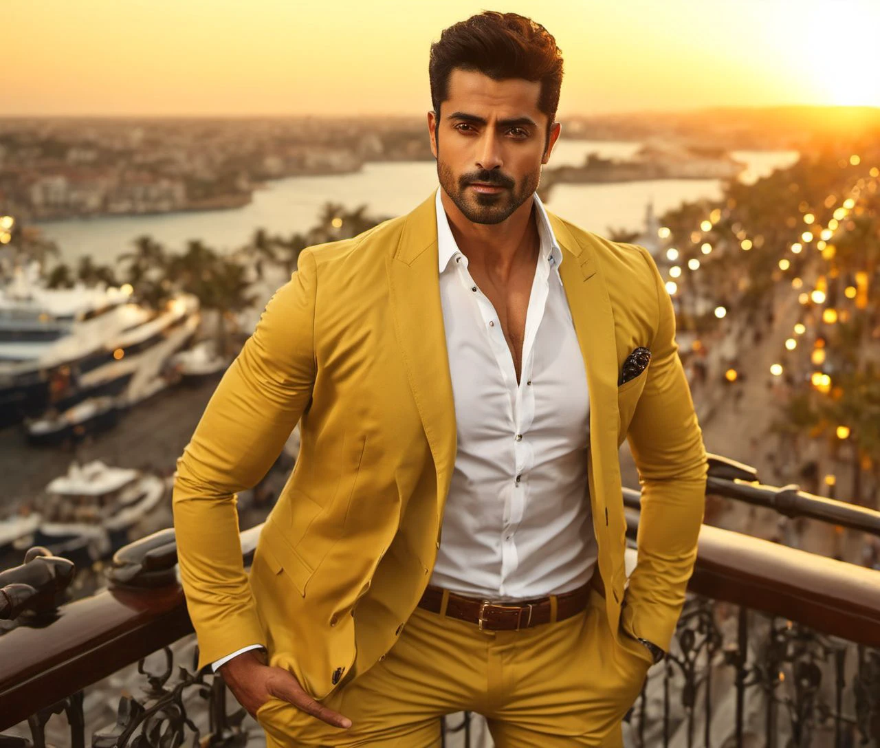 Nautical-themed (Photo:1.3) of (Ultrarealistic:1.3) <lora:Man_Men_FFashion:1> Kumail Nanjiani a man <lora:Gautam-Gulati_Kumail-Nanjiani:0.8> in a yellow suit standing on a balcony, handsome man, attractive man, handsome male, sun behind him, inspired by Pablo Munoz Gomez, shot at golden hour, editorial photograph, midshot of a hunky, by Roman Bezpalkiv, by Artur Tarnowski, maxim sukharev, by Gabor Szikszai,Highly Detailed,(Mono Color:1.3) . Sea, ocean, ships, maritime, beach, marine life, highly detailed