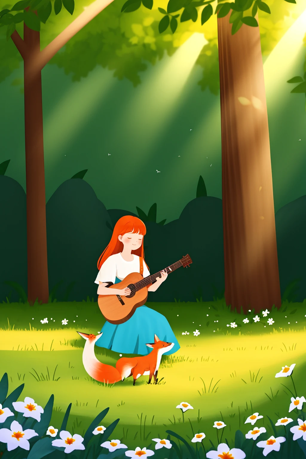 <lora:chat0515:0.8>,illustrations,1girl,instrument,skirt,flower,fox,long hair,shirt,outdoors,white shirt,sitting,blue skirt,white flower,orange hair,grass,music,nature,solo,short sleeves,playing instrument,tree,smile,animal,holding,wide shot,long skirt,holding instrument,plant,bird,bangs,day,sunlight,leaf,forest,