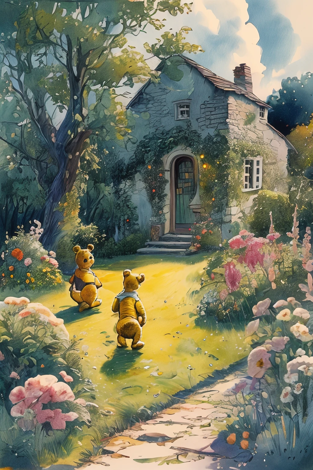 masterpiece,best quality,<lora:tbh131-:0.8>,Winnie the Pooh,illustration,painting,style of E. H. Shepard,