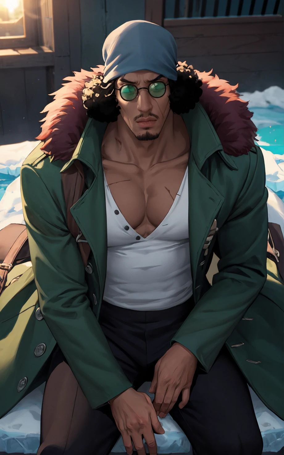 ((masterpiece, best quality)), insaneres, absurdres, solo,  vanishing point, 
Post_LongCoat_KuzanAokiji_ownwaifu, 
1boy, black hair, hat, sunglasses, facial hair, glasses, dark skin, pectorals, scar, dark-skinned male, bandana, stubble, afro, short hair, mustache, bare pectorals, collarbone, lips, long sleeves, muscular, scar on chest, sideburns,
cleavage, male focus, coat, pants, fur trim, white shirt, open clothes, jacket, gloves, shirt, open coat, black gloves, black pants, long coat, denim, fur coat, green coat, 
ice, cryokinesis, bara, 
(from above, sitting)<lora:Marine_Admiral_KuzanAokiji_ownwaifu:0.9>,
outdoors, lens flare, depth of field, bokeh, embers, looking at viewer,