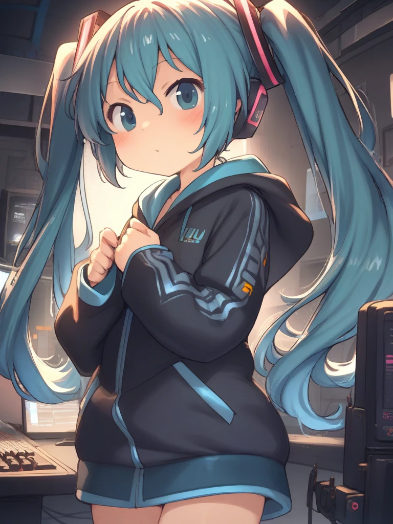 1girl, hatsune miku, standing, studio, <lora:hobbyanon_aaaa_quad-a_v1_AnimagineXLV31:1>,
cowboy shot, looking at viewer, solo,
very aesthetic, aesthetic,
masterpiece, best quality