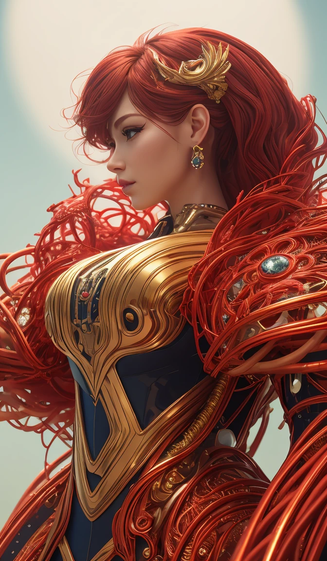 8K, fire ,red, flame,,explosion, , highly detailed, a beautiful ultra detailed of a beautiful profile, biomechanical cyborg,deamon 1mechanical girl,((ultra realistic details))woman with all ruby red dress, fantasy,, fantasy, intricate, elegant, highly detailed, , sharp focus, illustration,red black hole, MCSkin complex 3d render ultra detailed of a beautiful profile, biomechanical cyborg, analog, 150 mm lens, beautiful natural soft rim light, big leaves and stems, roots, fine foliage lace, colorful details, samourai, Boris Bidjan Saberi outfit, pearl earring, piercing, art nouveau fashion embroidered, intricate details, mesh wire, mandelbrot fractal, anatomical, facial muscles, cable wires, microchip, badass, hyper realistic, ultra detailed, octane render, volumetric lighting, 8k post-production, red and white with a bit of black, detailled metalic bones, semi human, iridescent colors, Glenn Brown style, white room,(art by David Sims:1.3),,<lora:LowRA:.9>dark theme
