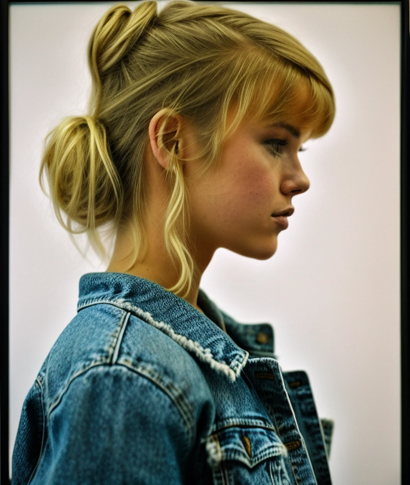 jmcc, , side view , elegant 1girl with blonde hair tied in a high bun, bangs, wearing a denim jacket , white background, grainy film filter, minimalistic, HD,bold lines,poster, intricate,artstation,Conrad Roset,chiaroscuro inspired image
