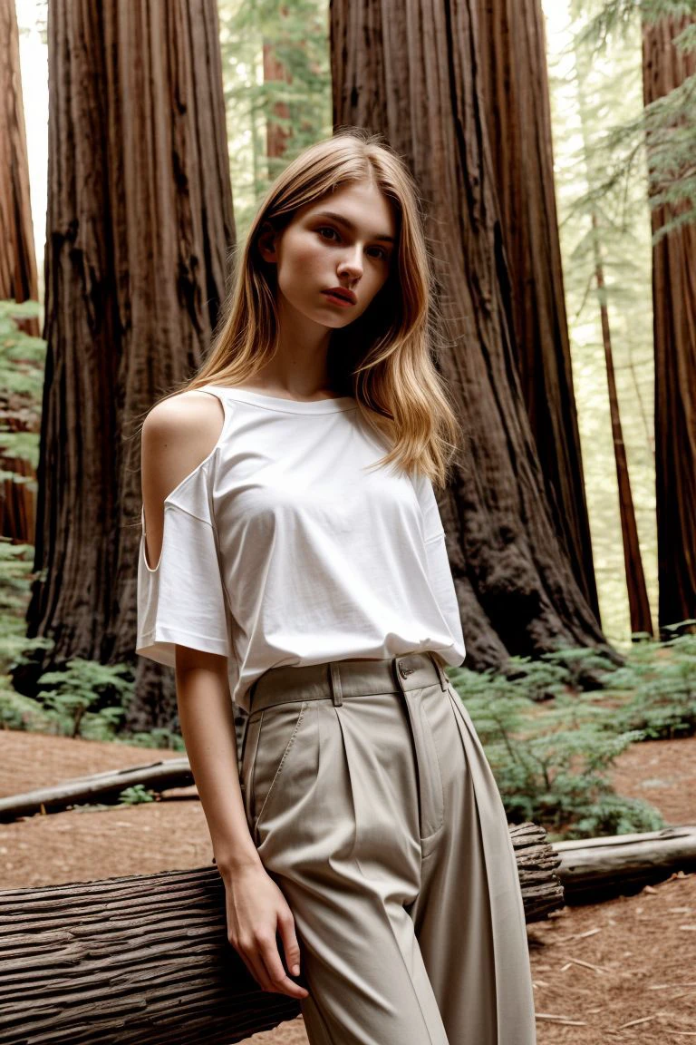 <lora:kawaii7.1.3_obj20:0.75:0.25>, European woman, closeup, sandals, (shirt), pants, (bridge in the woods), ZM_jennifer, wide shoulders, perfect face, (contact iris: 1.1), pale skin, skin pores , depth of field