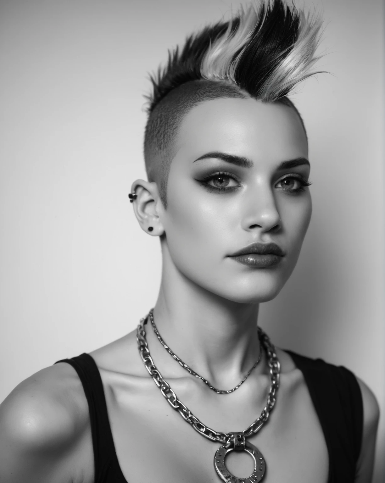 punk outfit, colored Mohawk hair, chain necklace, atmospheric, cinematic, high detail, masterpiece,, (raw,score_8_up),photo, raw,realistic <lora:Sacha_L_BW_pony-000010:0.5> monochrome, greyscale