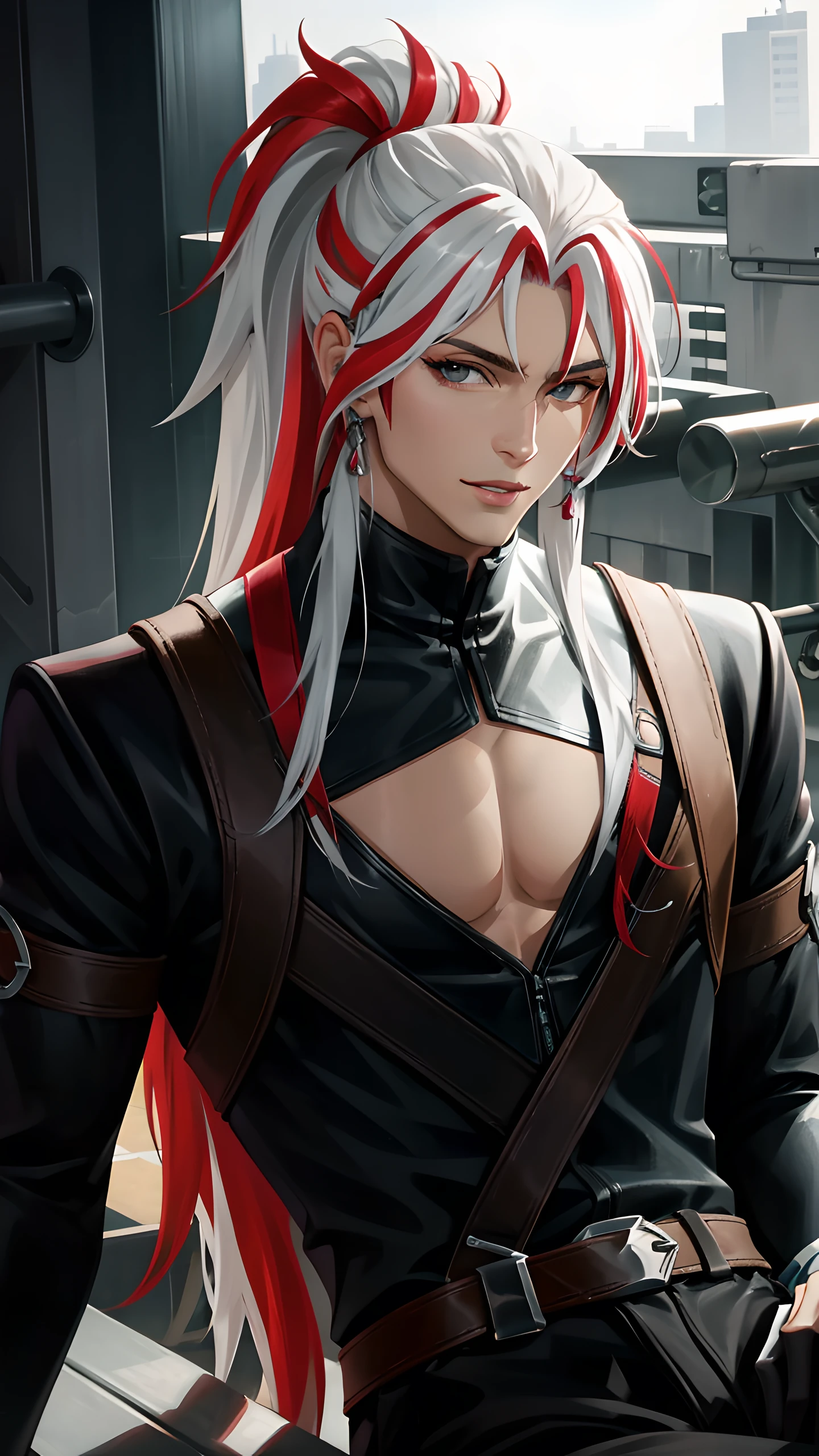 yone, solo, long hair, looking at viewer, gloves, 1boy, ponytail, white hair, grey hair, male focus, red hair, multicolored hair,  streaked hair, clothing cutout, cleavage cutout, pectorals,  <lora:Heartsleet_Yone:0.7>, (best quality), (masterpiece), upper body, light smile, sitting