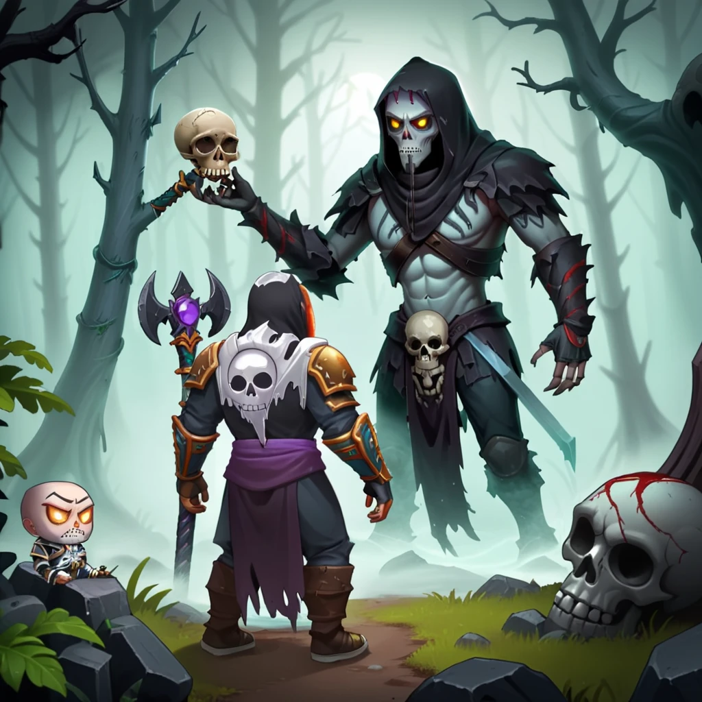 Create a cartoon-style image of an adventurer talking to a necromancer. The scene should depict the adventurer, dressed in rugged gear with a backpack and a sword, standing in front of the necromancer, who is wearing dark, mystical robes and holding a staff with a skull on top. They are in a dark, eerie forest with twisted trees and fog. The adventurer appears curious and cautious, while the necromancer looks mysterious and powerful. The overall atmosphere should be mystical and adventurous<lora:FakeMobileGame:0.85>