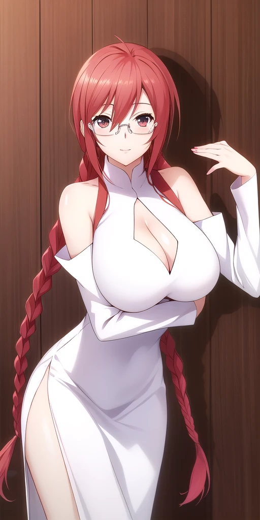 <lora:MatsuV2:0.7> matsusekirei, huge_breasts, standing, solo, white_turtleneck_dress_cleavage_cutout_detached_sleeves_past_wrists_side_slit, glasses, twin_braids,long_hair,, masterpiece, best_quality, detailed_face, detailed_eyes, highres, beautiful, detailed, absurdres,