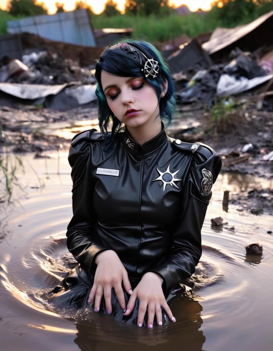 post-apocalyptical full-body photograph from the front recording a curvy, full-grown, and czech female; wearing a punk business uniform with an elven design; featuring a dark pixie layered haircut with juicy lips. shown sleeping within a flooded scrap slum at sunset.<lora:RufXL2:1>